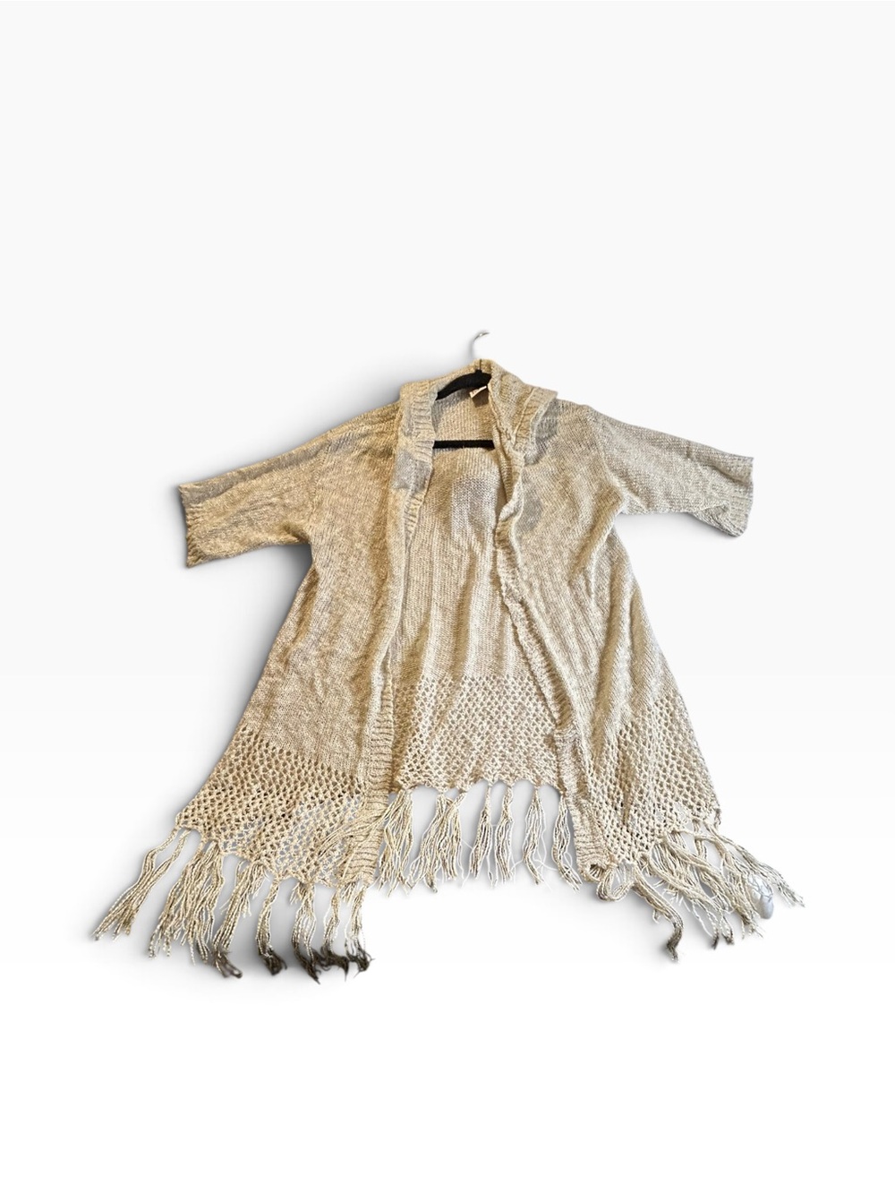 Oh MG! Boho Open Front Cardigan XL Beige Crochet Knit Fringe Duster Y2K